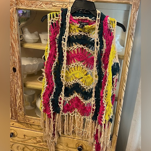 Multicolor Womens Crochet Fringe Boho Open Vest Size Small - Picture 1 of 5